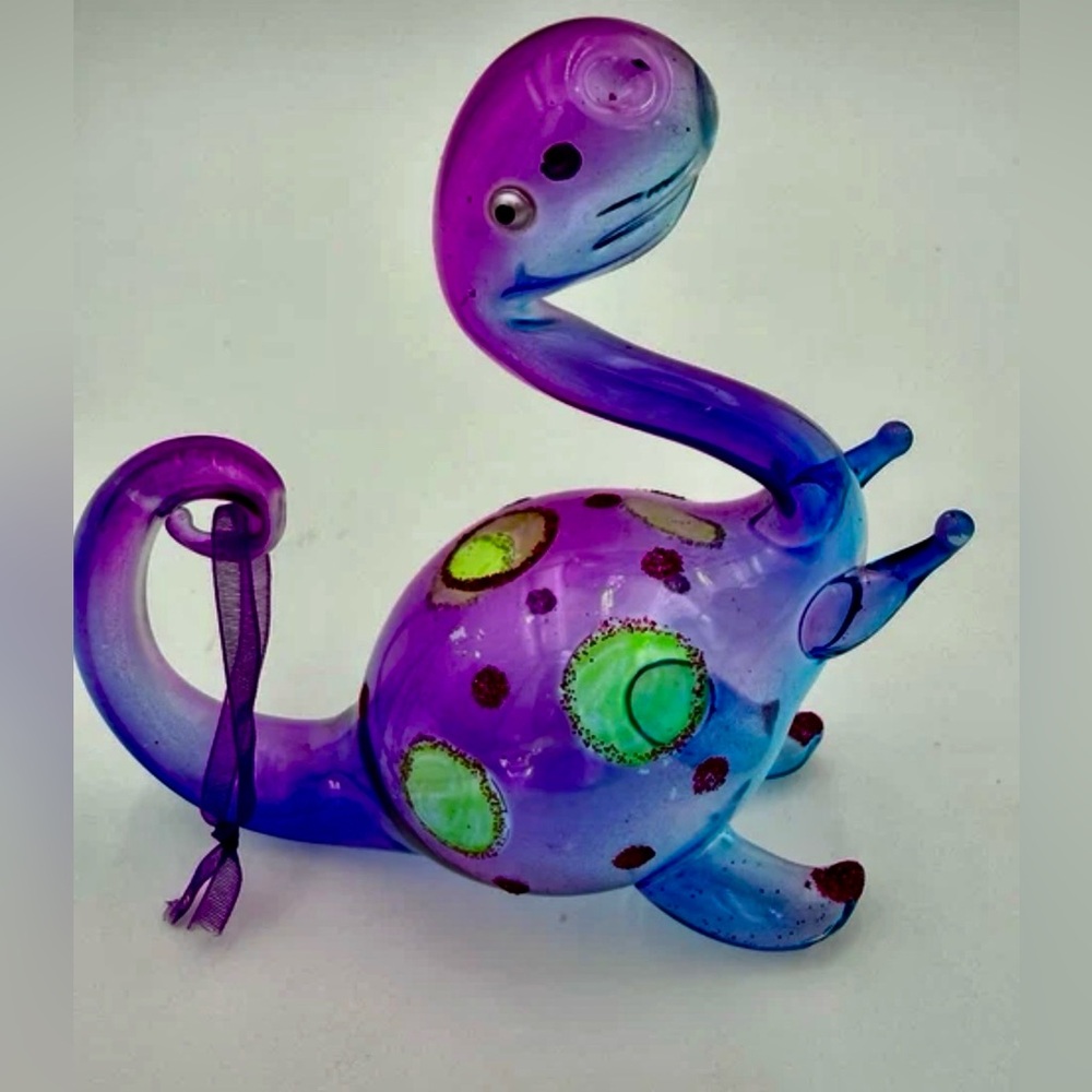Pier 1 Ornament Dinosaur Blown Glass Purple Blue Green Spots with Pink Glitter